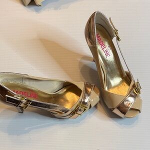 Madeline Beige and Rose Gold Open-Toe Heels with Buckle